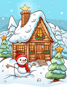 冰山圣诞屋圣诞树卡通插画2