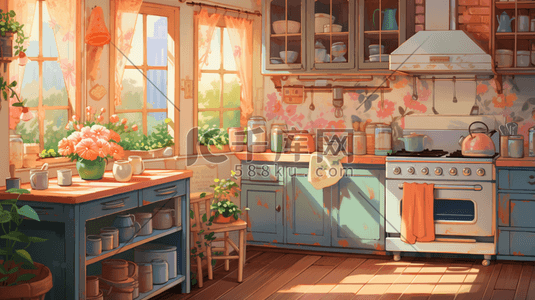 厨房冰箱场景插画图片_温馨可爱的厨房场景插画