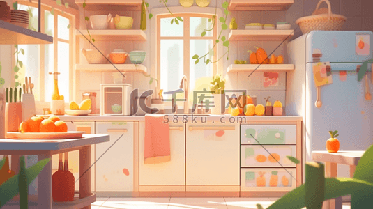 厨房冰箱场景插画图片_温馨可爱的厨房场景插画8