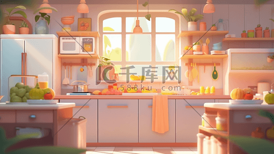 厨房冰箱场景插画图片_温馨可爱的厨房场景插画11