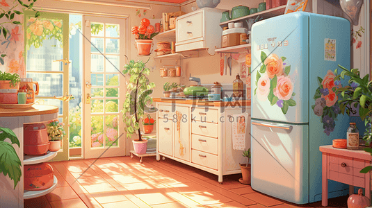 时尚橱柜插画图片_温馨可爱的厨房场景插画5