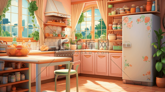 厨房冰箱场景插画图片_温馨可爱的厨房场景插画13