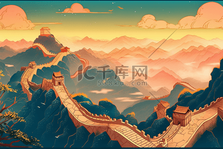 谱壮丽篇章插画图片_古典长城山河壮丽手绘插画