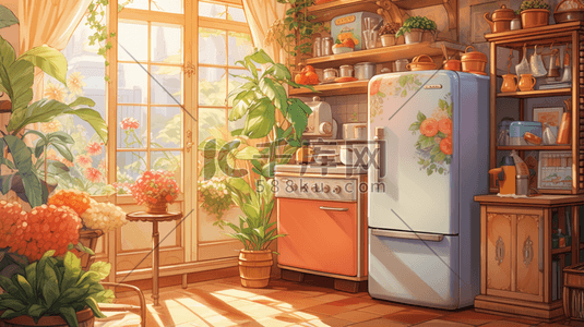 厨房冰箱场景插画图片_温馨可爱的厨房场景插画