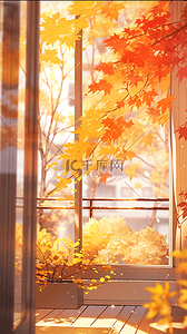 枫叶插画图片_橙色秋天窗前枫树枫叶风景