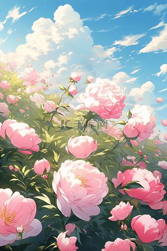 牡丹花盛开的手绘插画