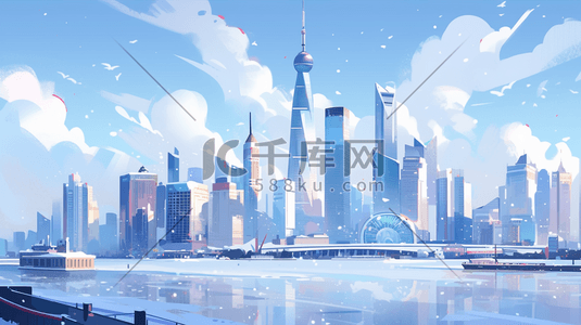 彩色扁平化冬季建筑城市插画12