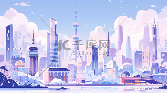 彩色扁平化冬季建筑城市插画5