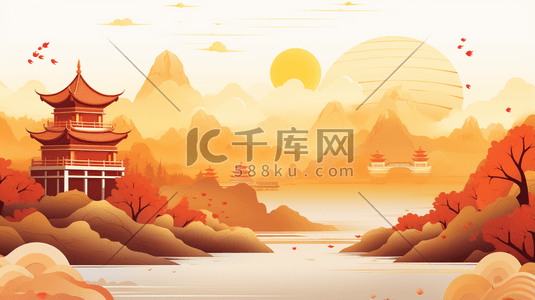 中式古典圆插画图片_卡通平面山水建筑风景插画10
