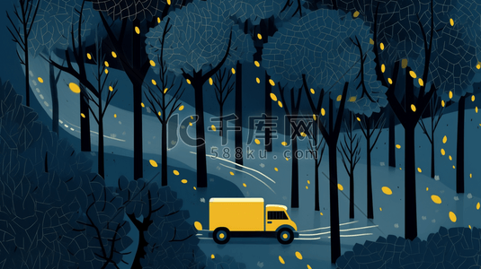 傍晚的星星的插画图片_蓝色丛林里行驶的汽车卡通插画4