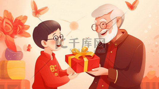 尊老爱幼插画图片_红色中国风尊老爱幼卡通插画7