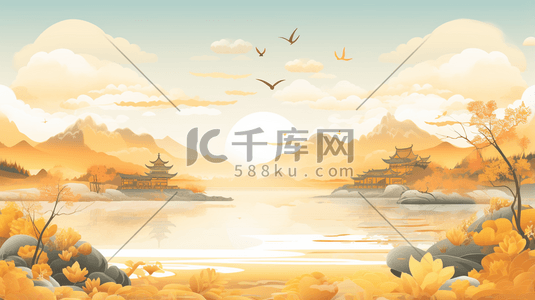 中式古典圆插画图片_卡通平面山水建筑风景插画23