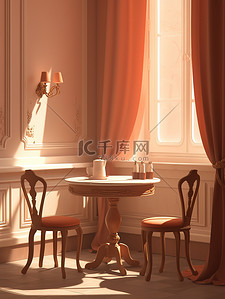 橙色家居插画图片_餐桌椅子中国风家居插画17