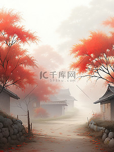 画卷插画图片_秋天红枫美丽乡村风景17