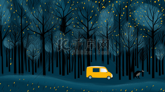 傍晚的星星的插画图片_蓝色丛林里行驶的汽车卡通插画7