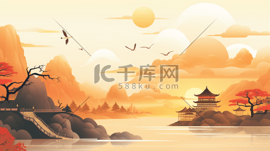 中式古典圆插画图片_卡通平面山水建筑风景插画230