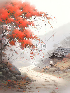 古画卷画卷插画图片_秋天红枫美丽乡村风景10