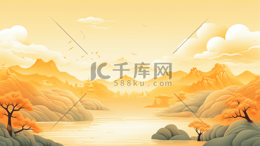 中式古典圆插画图片_卡通平面山水建筑风景插画5