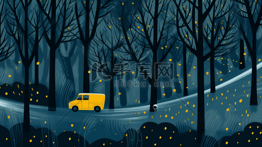 傍晚的星星的插画图片_蓝色丛林里行驶的汽车卡通插画2