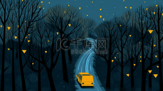 傍晚的星星的插画图片_蓝色丛林里行驶的汽车卡通插画15