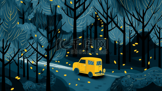 傍晚的星星的插画图片_蓝色丛林里行驶的汽车卡通插画11