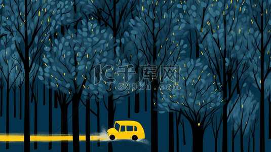 蓝色丛林里行驶的汽车卡通插画9