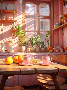 厨房餐桌插画图片_3D空间阳光温暖厨房2