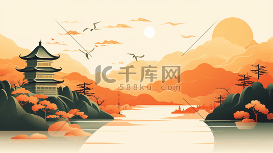 中式古典圆插画图片_卡通平面山水建筑风景插画15