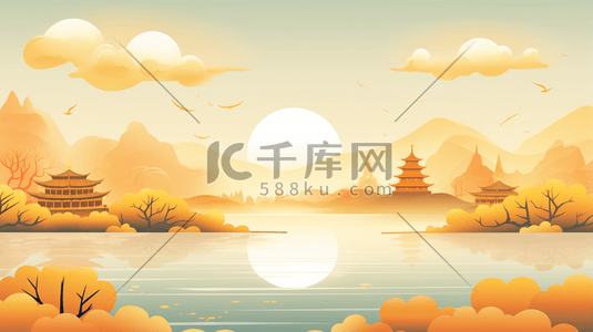 中式古典圆插画图片_卡通平面山水建筑风景插画20