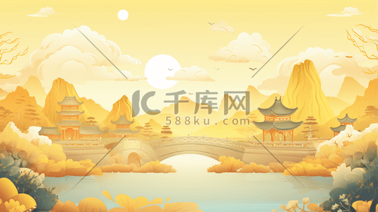 中式卡通插画图片_卡通平面山水建筑风景插画17