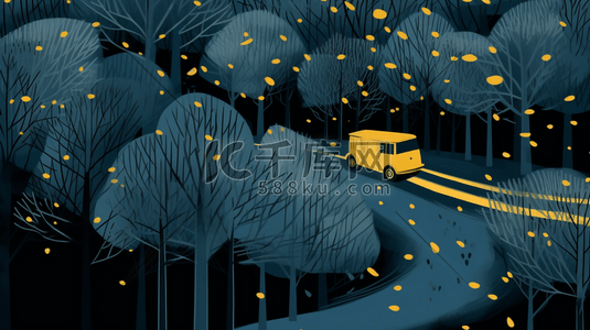 傍晚的星星的插画图片_蓝色丛林里行驶的汽车卡通插画6