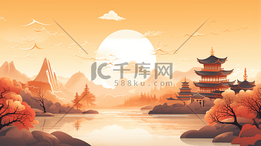 中式古典圆插画图片_卡通平面山水建筑风景插画12