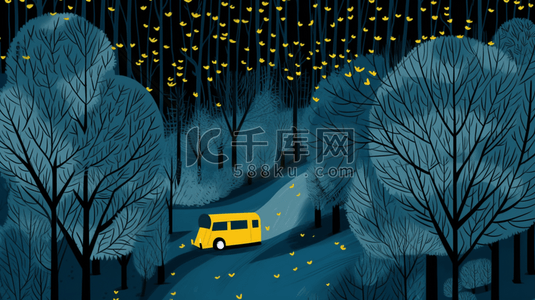 蓝色丛林里行驶的汽车卡通插画10