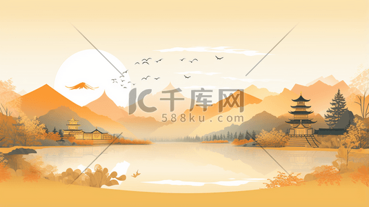 中式古典圆插画图片_卡通平面山水建筑风景插画8