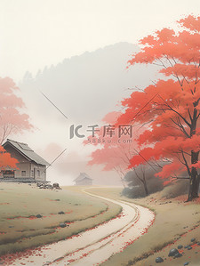 画卷插画图片_秋天红枫美丽乡村风景19