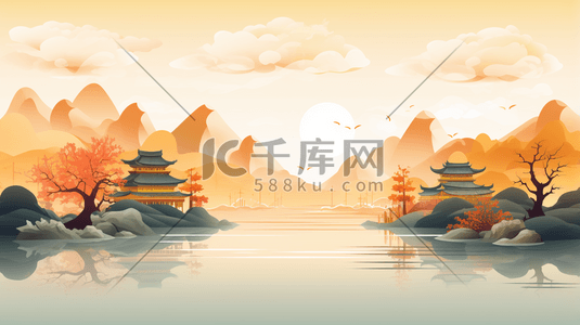 中式古典圆插画图片_卡通平面山水建筑风景插画27