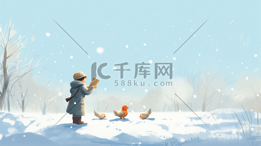 和动物玩耍插画图片_卡通风雪地里和动物一起玩耍的人物插画13