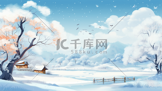 冬季雪花插画图片_蓝色卡通风冬季唯美雪景插画41
