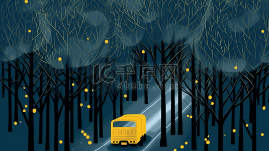 蓝色丛林里行驶的汽车卡通插画1