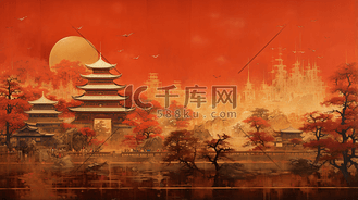 红色中国风古典山水风景唯美插画7