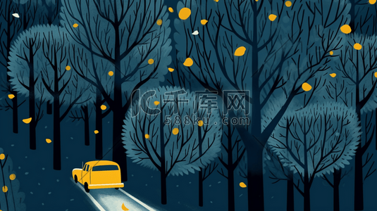 傍晚的星星的插画图片_蓝色丛林里行驶的汽车卡通插画18