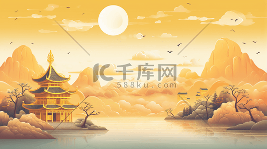 中式古典圆插画图片_卡通平面山水建筑风景插画19