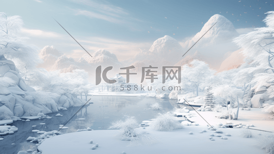 蓝色国风插画图片_中国风山水建筑冬季雪景插画15