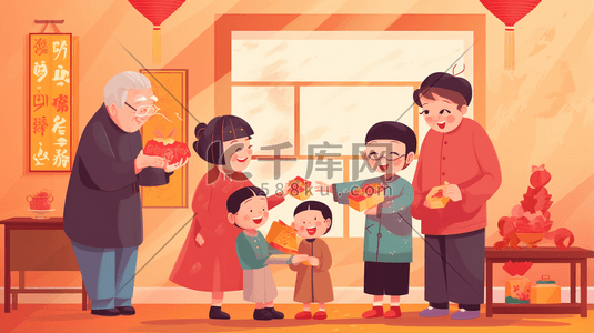 红色中国风尊老爱幼卡通插画22