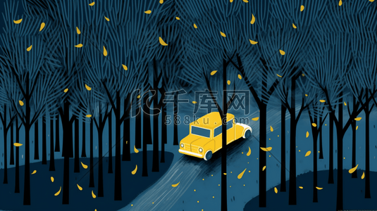 傍晚的星星的插画图片_蓝色丛林里行驶的汽车卡通插画8