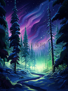 极光北极光插画图片_北极光冬季森林皮克斯风格18