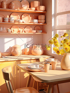 厨房餐桌插画图片_3D空间阳光温暖厨房8