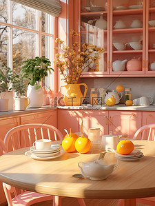 厨房餐桌插画图片_3D空间阳光温暖厨房15