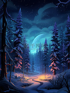 极光北极光插画图片_北极光冬季森林皮克斯风格3