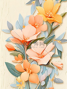 精品木雕插画图片_蓝色和橙色花朵彩色木雕风格8
